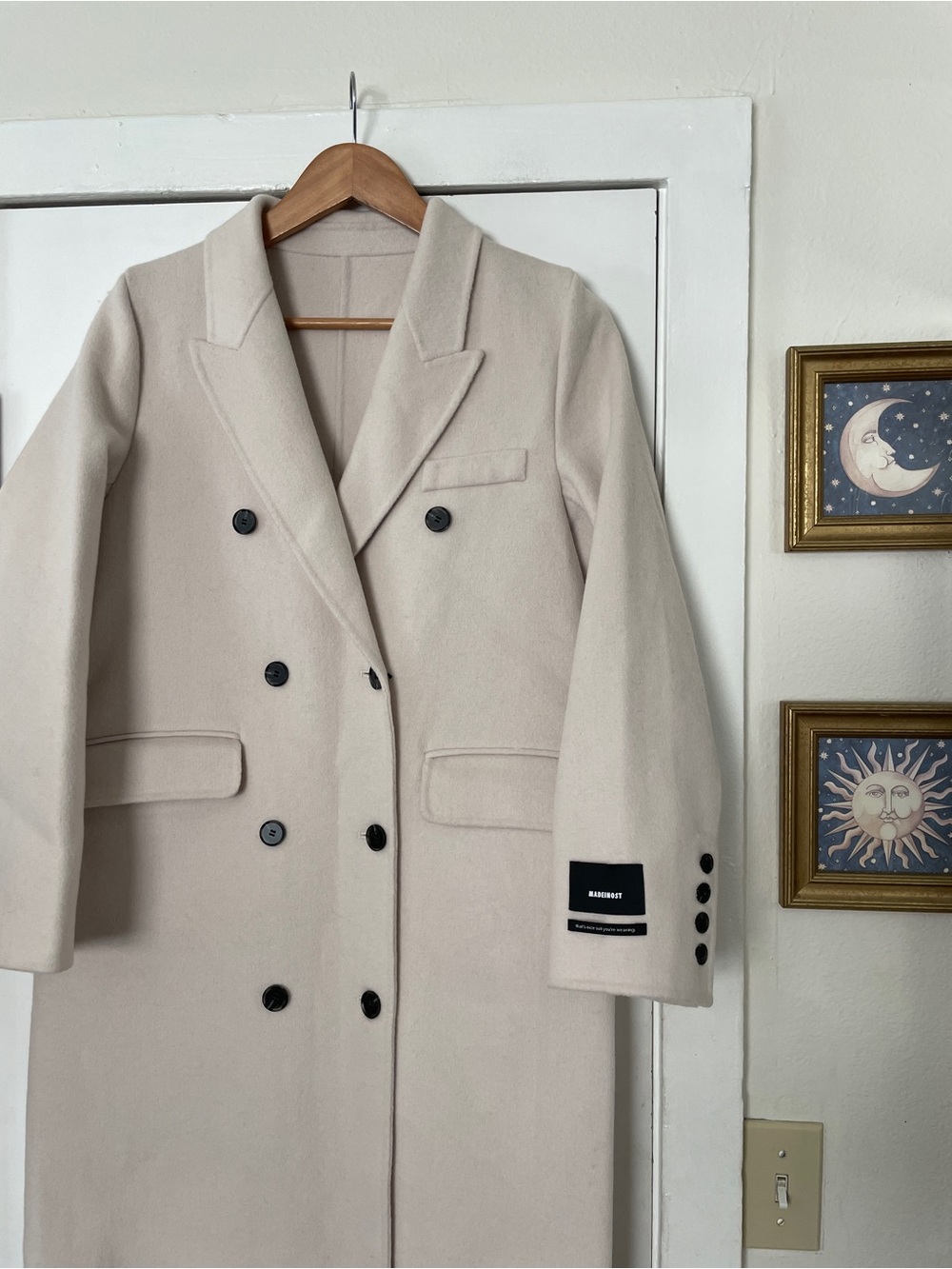 MADEINOST Double-Breasted Women's Coat Light Beige 100% Australian Wool Size S - Picture 2 of 7
